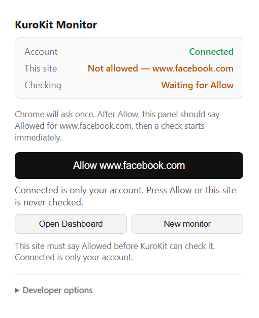 The KuroKit extension panel with Account: Connected and This site: Allowed for en.wikipedia.org.